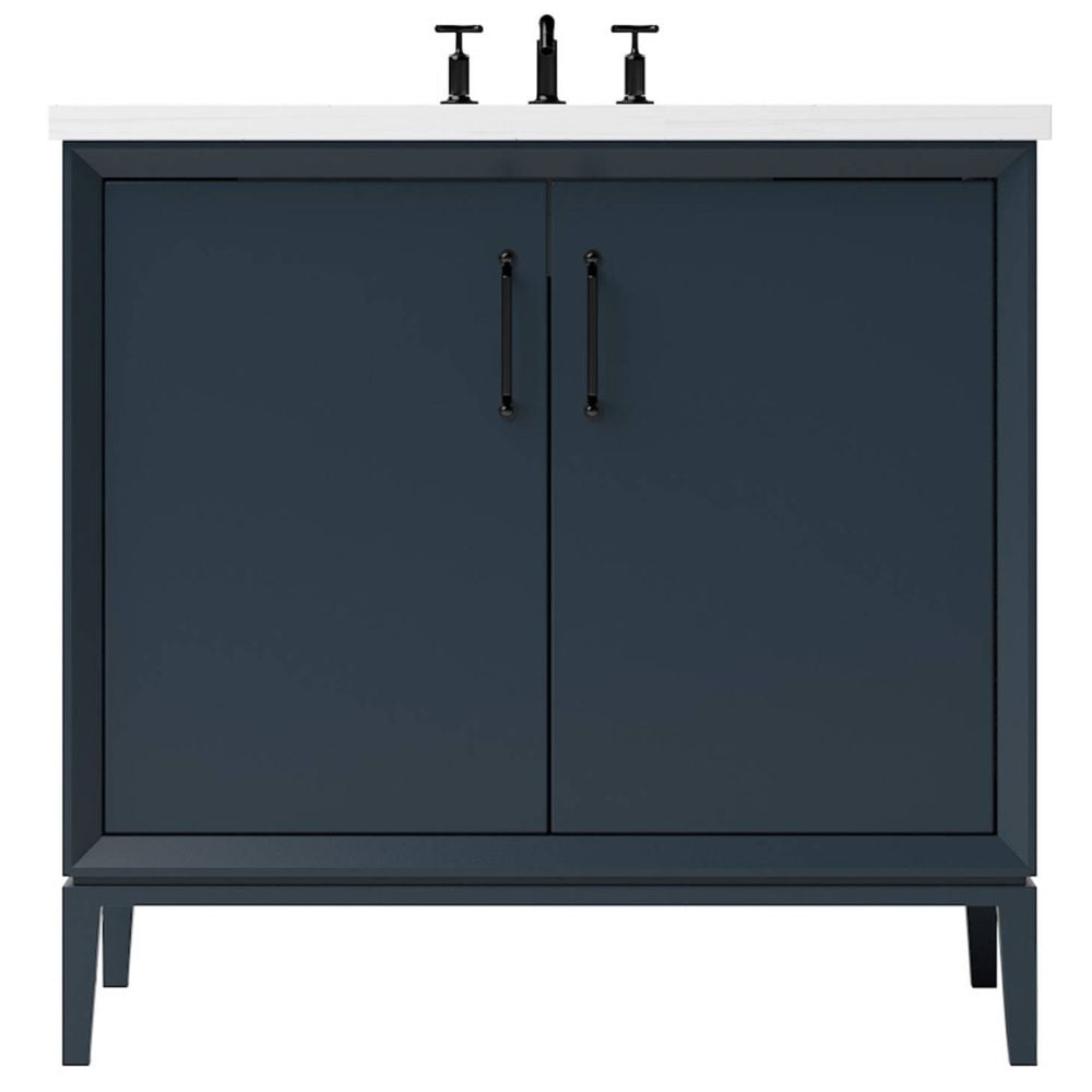 Blue bathroom vanity with white countertop and black fixtures on a white background