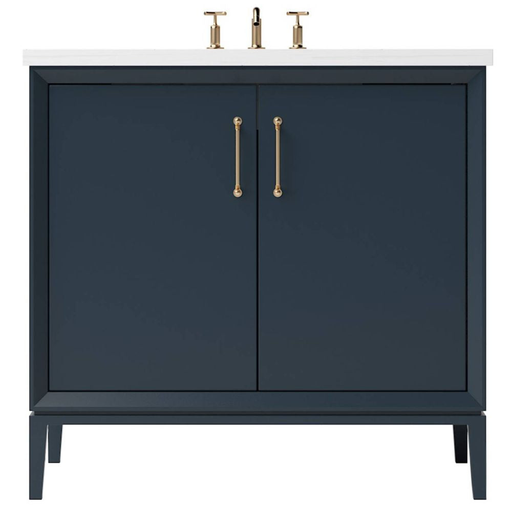 Blue bathroom vanity with white countertop and gold fixtures on a white background
