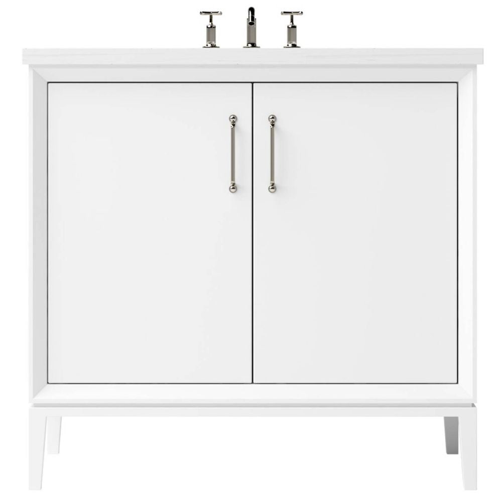 White bathroom vanity with two doors and two fixtures on a white background