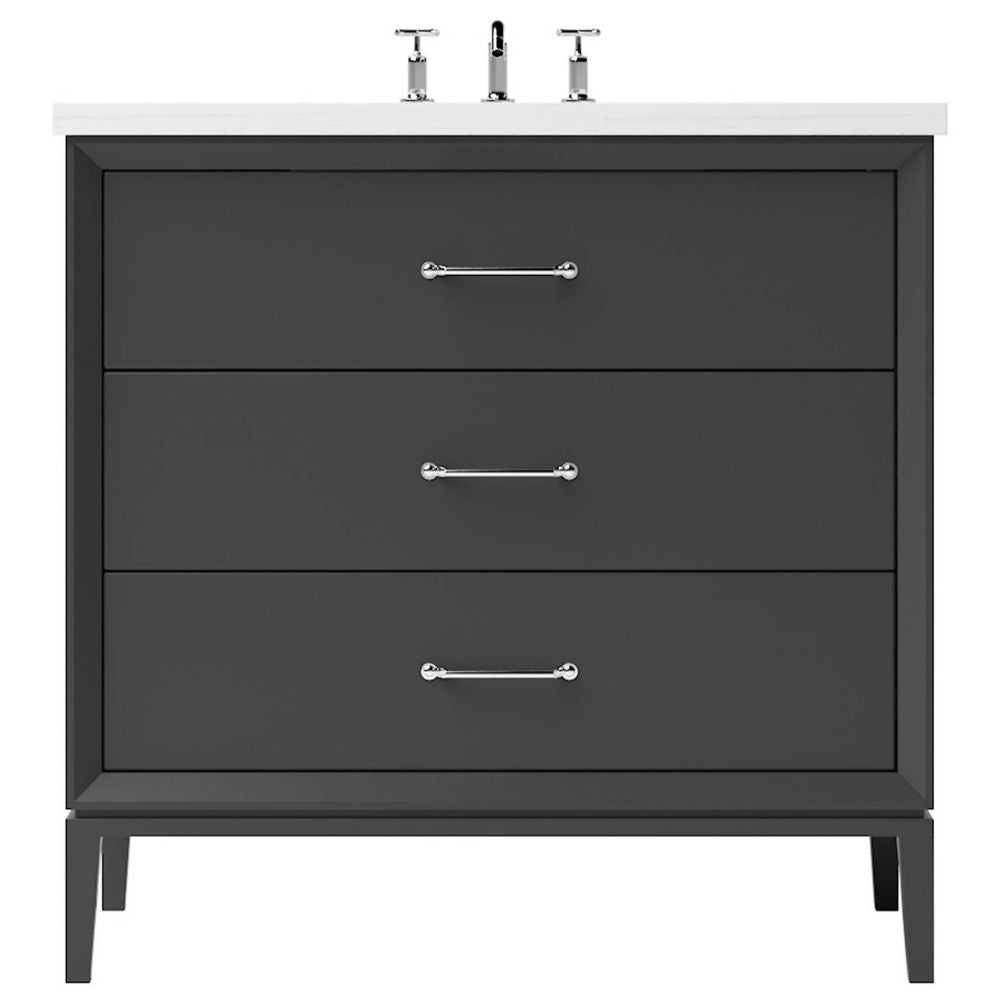 Gray bathroom vanity with three drawers and a white countertop on a white background