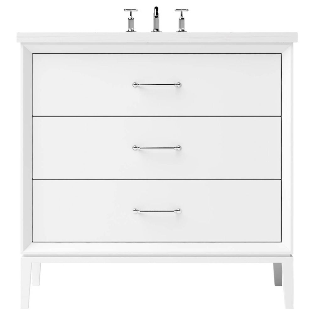 White bathroom vanity with three drawers and two faucet fixtures on a white background