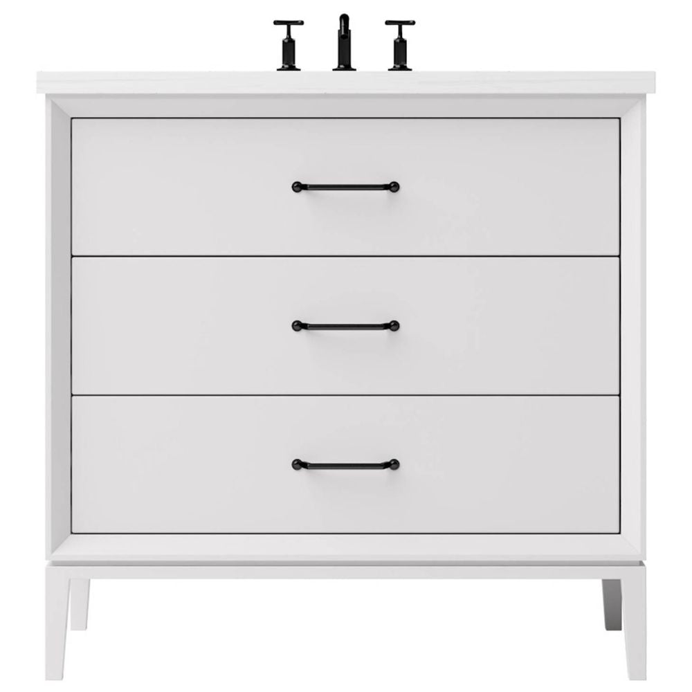 White bathroom vanity with three drawers and black handles on a white background