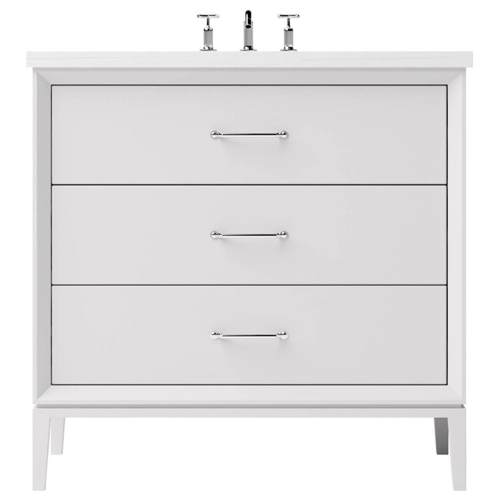 White bathroom vanity with three drawers and two faucet fixtures on a white background