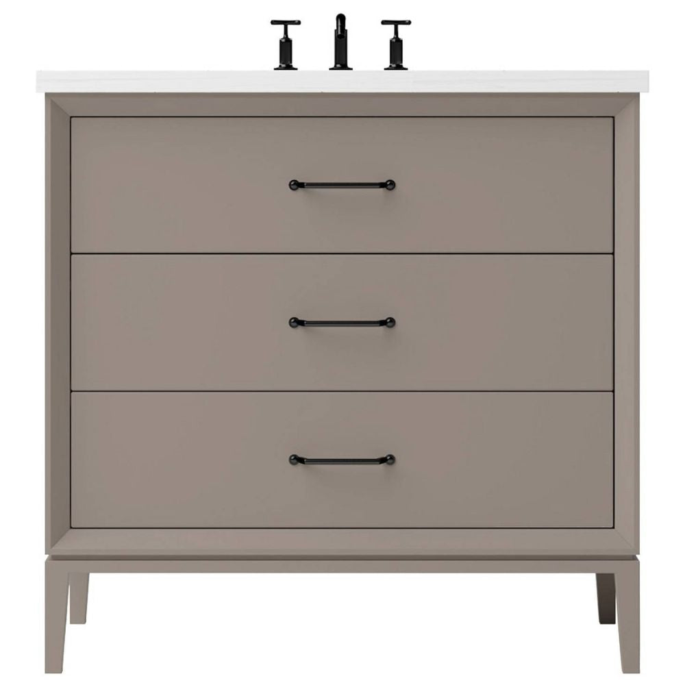 Gray bathroom vanity with three drawers and black handles on a white background