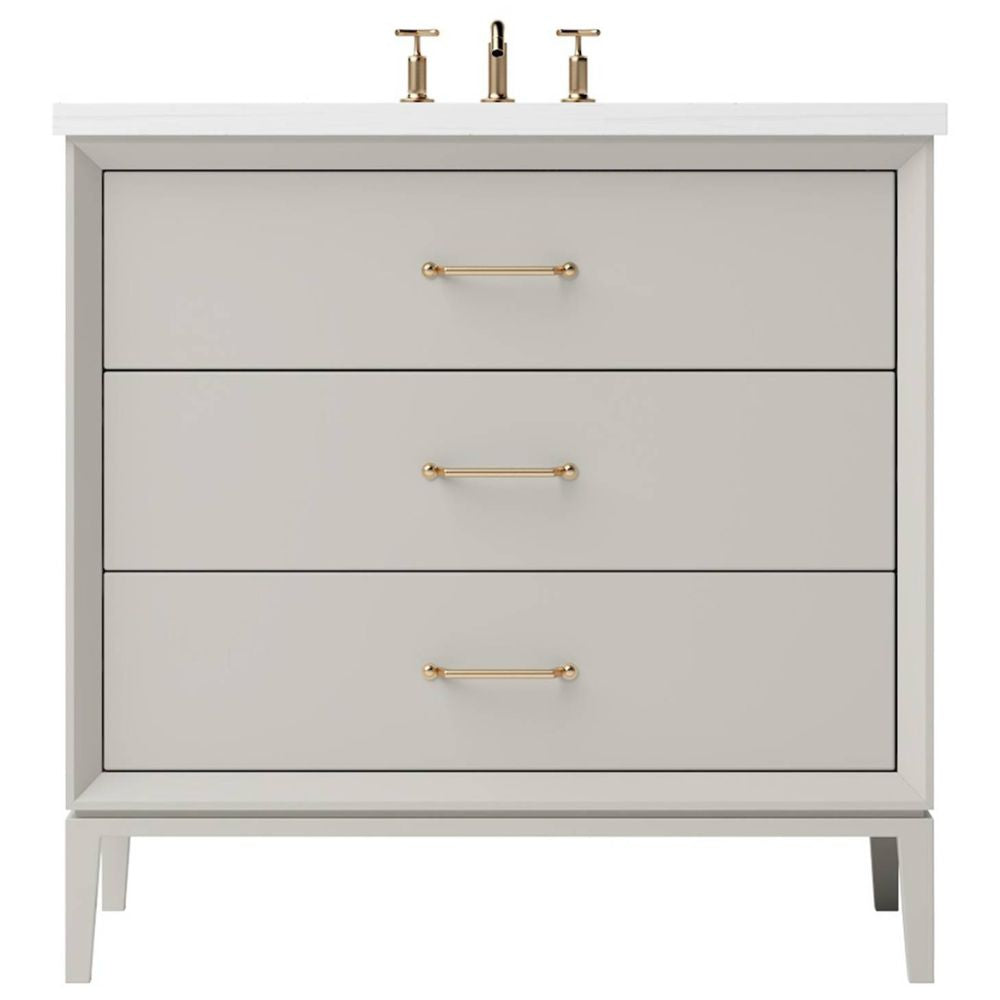 Gray bathroom vanity with gold handles on a white background