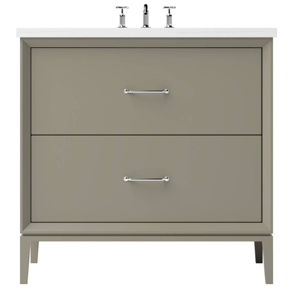 Gray bathroom vanity with white countertop and silver fixtures on a white background