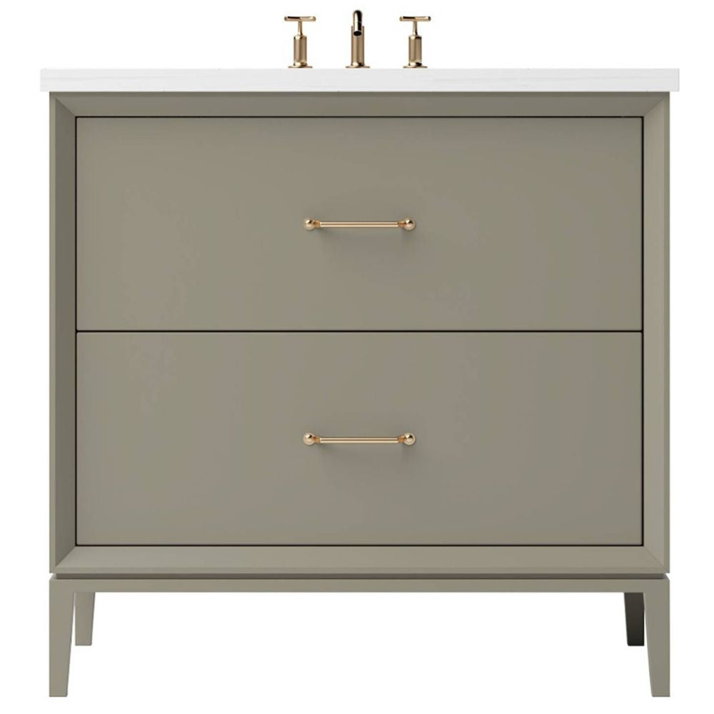 Gray bathroom vanity with white countertop and gold fixtures on a white background