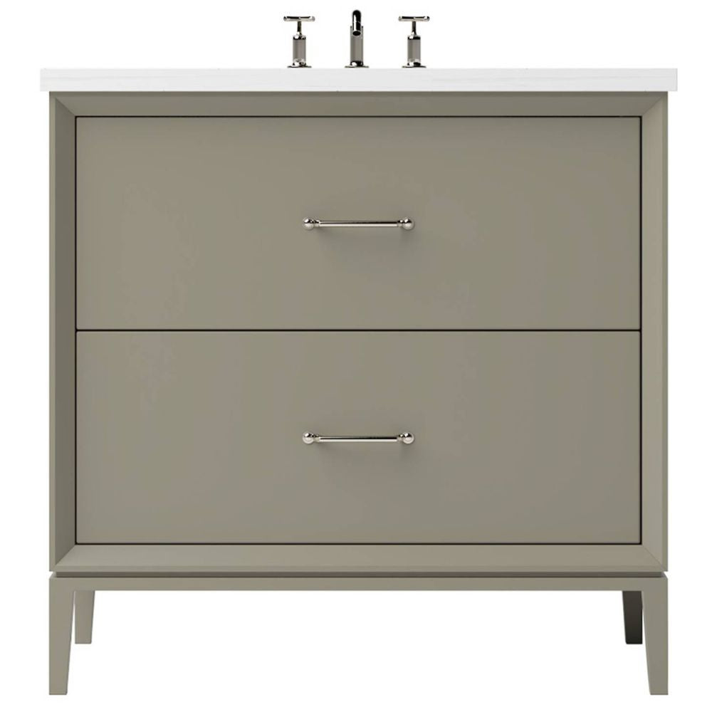 Gray bathroom vanity with white countertop and silver fixtures on a white background