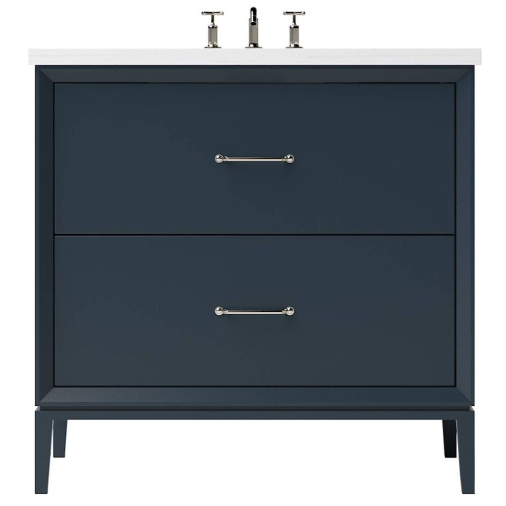 Blue bathroom vanity with white countertop and silver fixtures on a white background