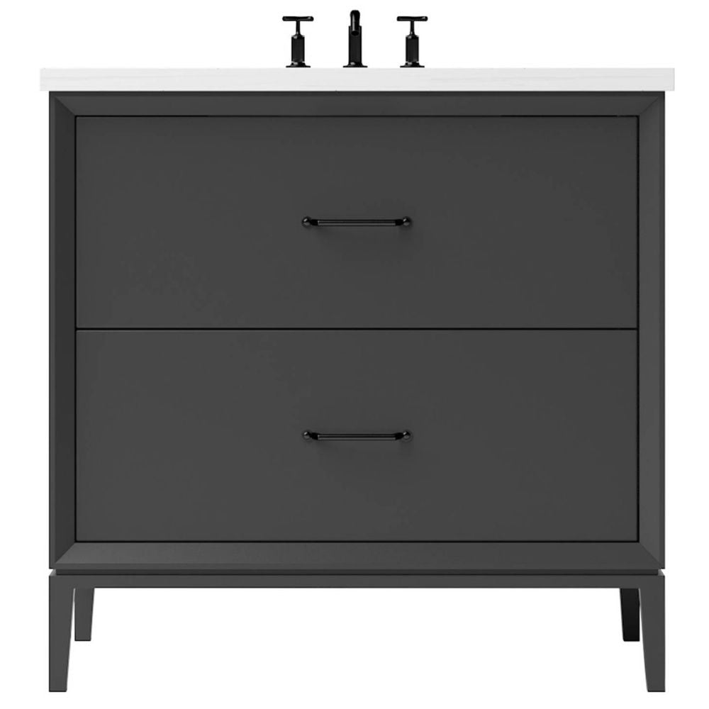 Gray bathroom vanity with two drawers and a white countertop on a white background