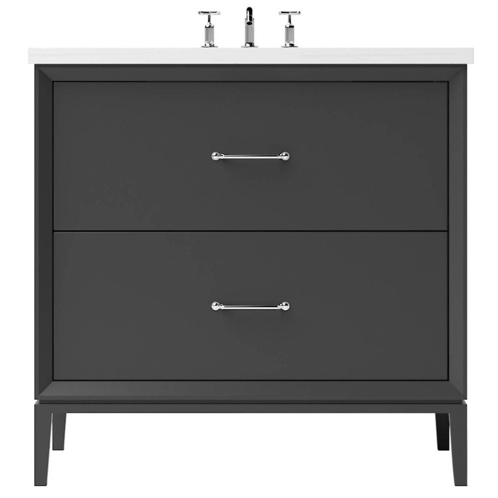Gray bathroom vanity with two drawers and a white countertop on a white background