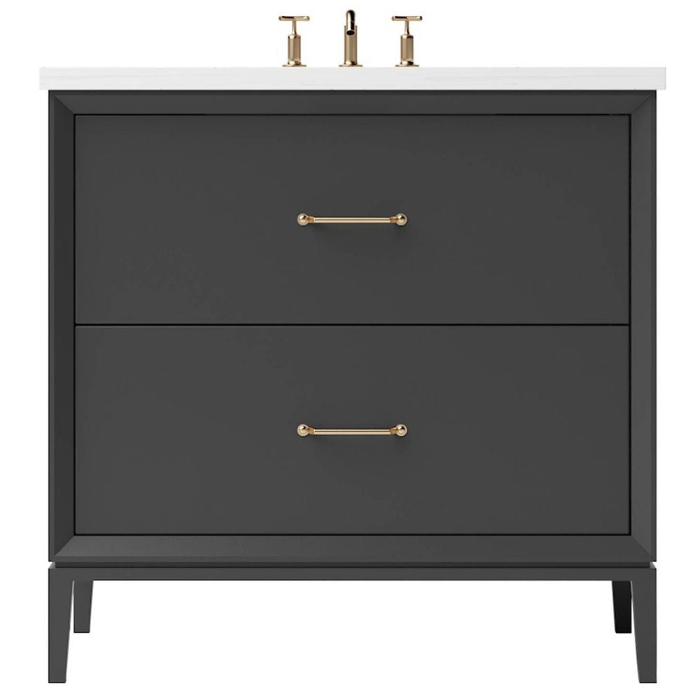 Black bathroom vanity with gold handles on a white background