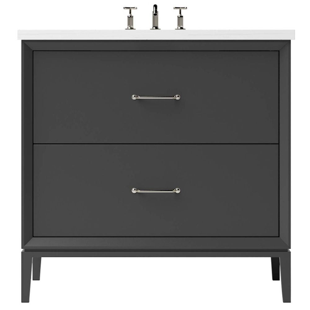 Gray bathroom vanity with two drawers and a white countertop on a white background