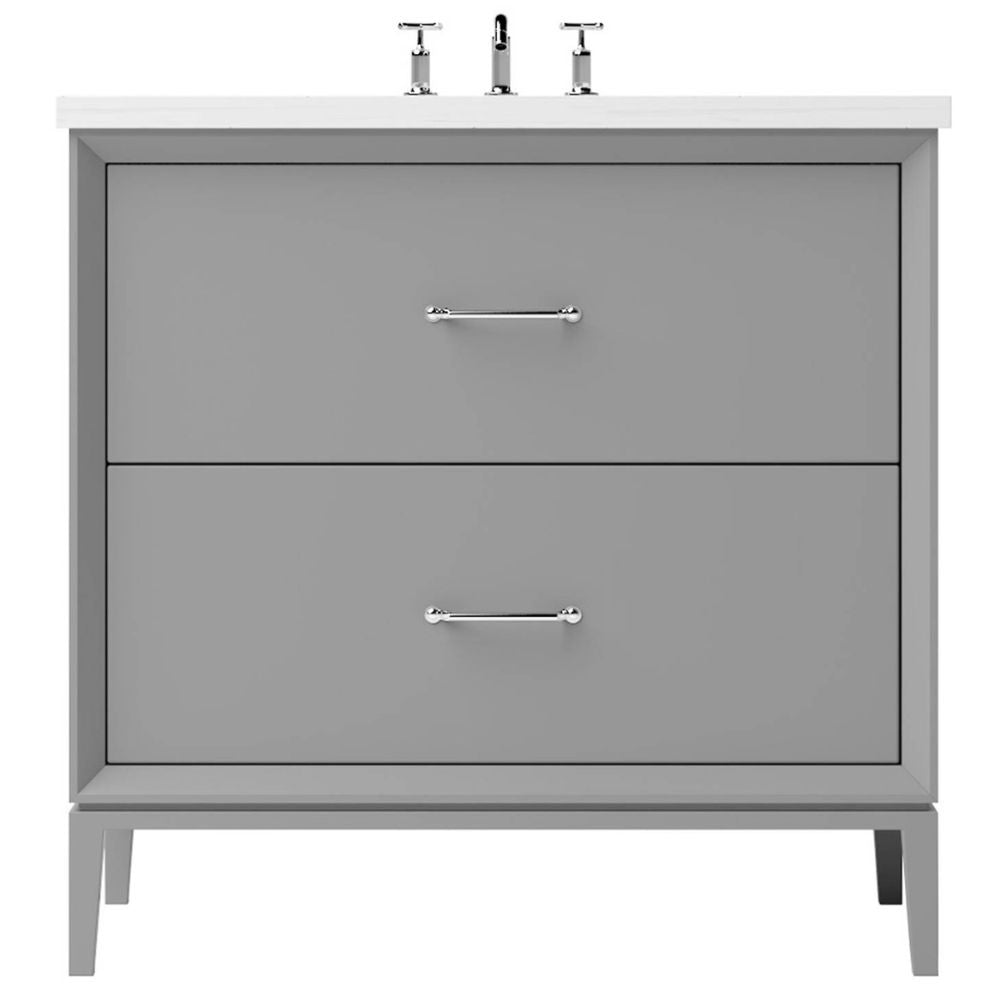 Gray bathroom vanity with white countertop and silver fixtures on a white background