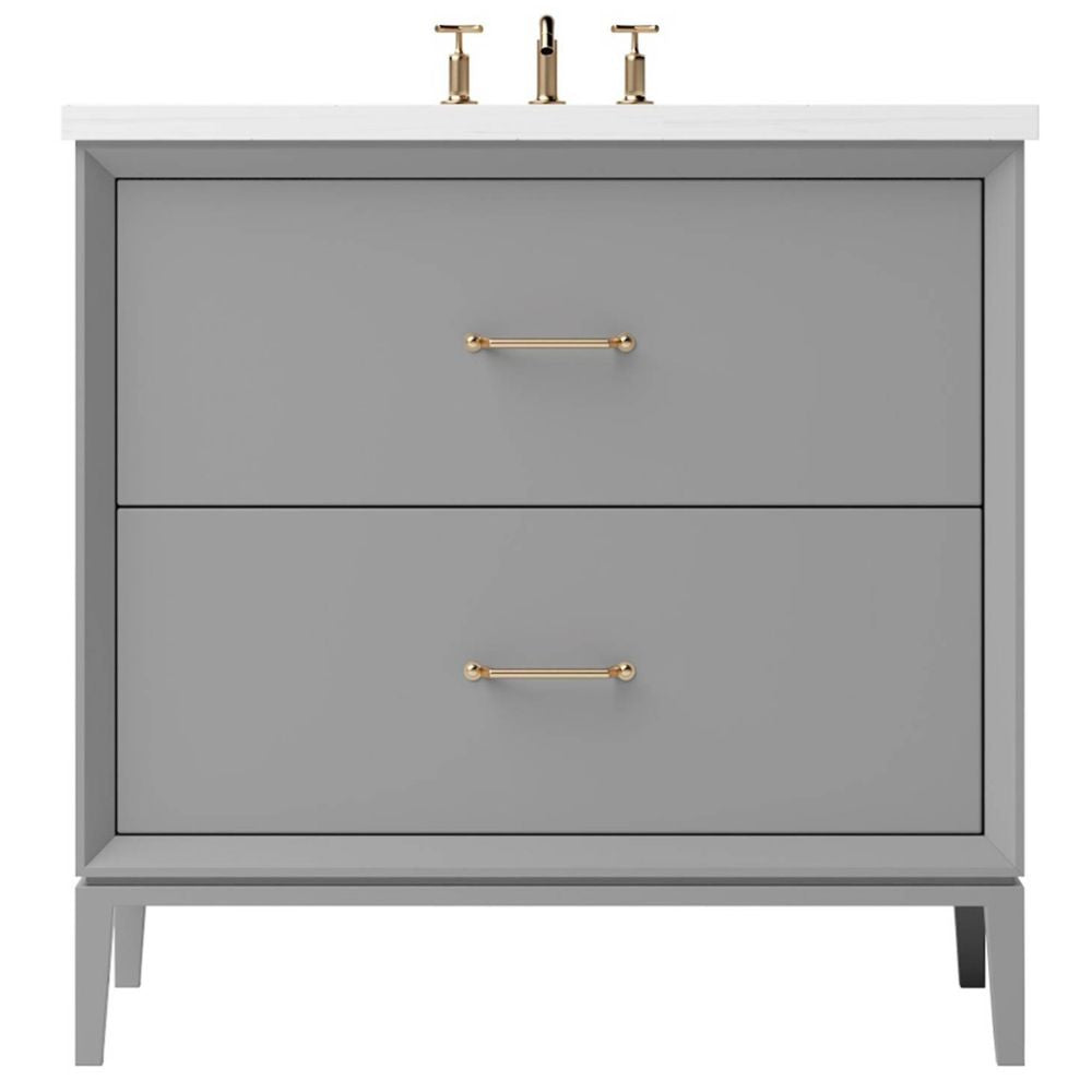 Gray bathroom vanity with gold handles and a white countertop on a white background