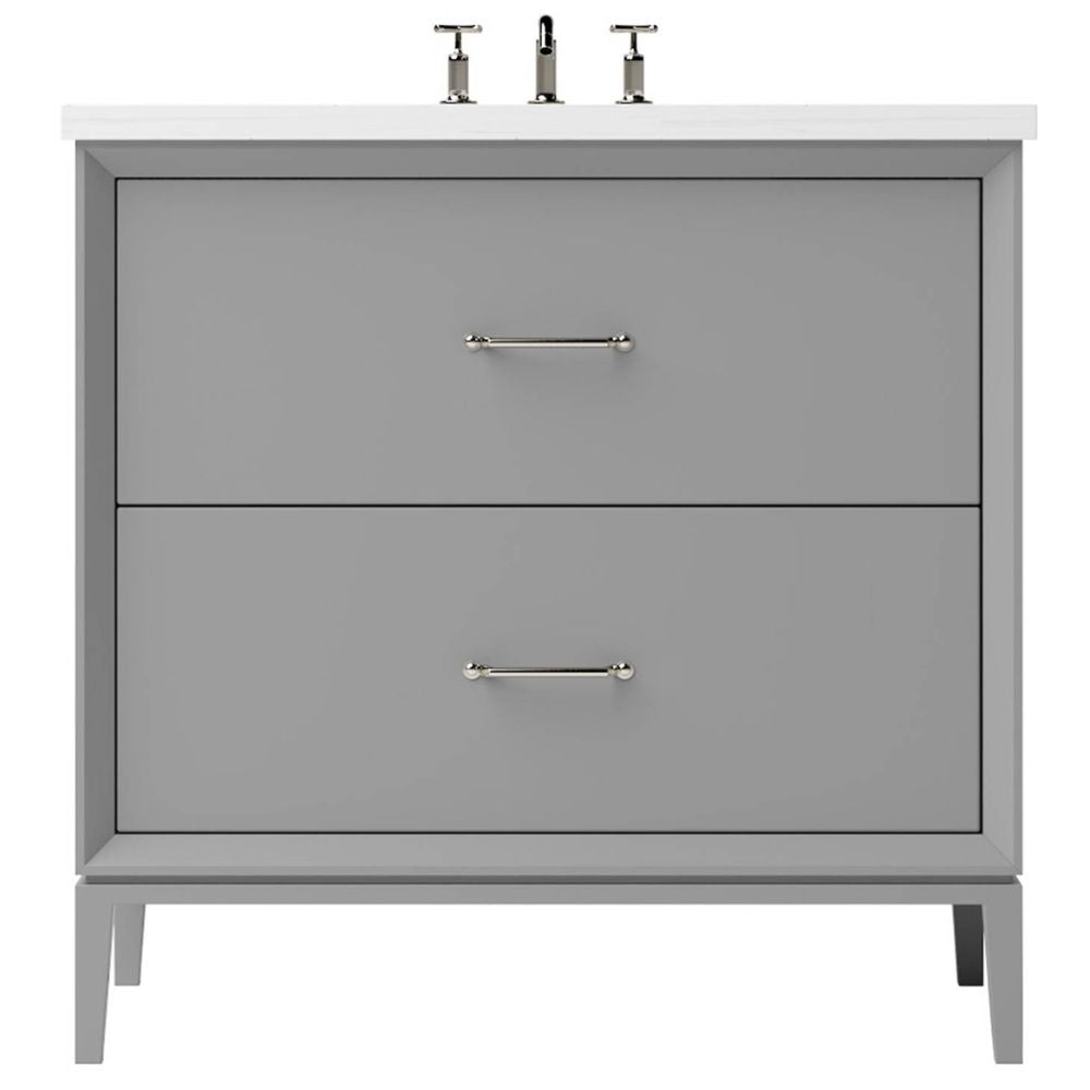 Gray bathroom vanity with white countertop and silver fixtures on a white background