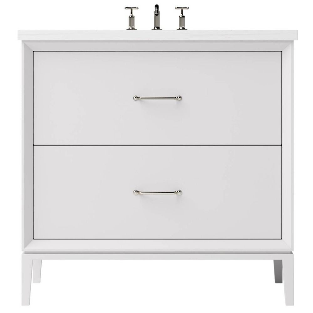 White bathroom vanity with two drawers and a faucet on a white background