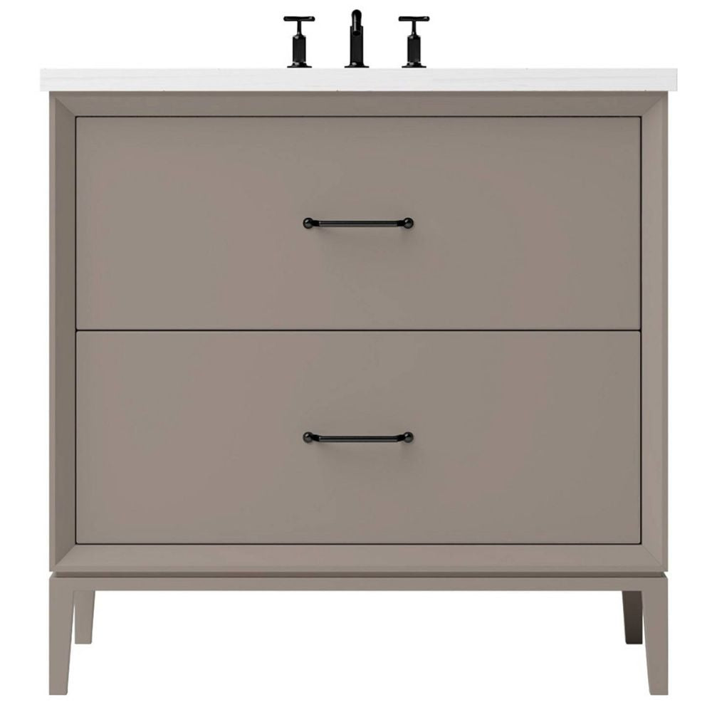 Bathroom vanity with two drawers and a white countertop on a white background