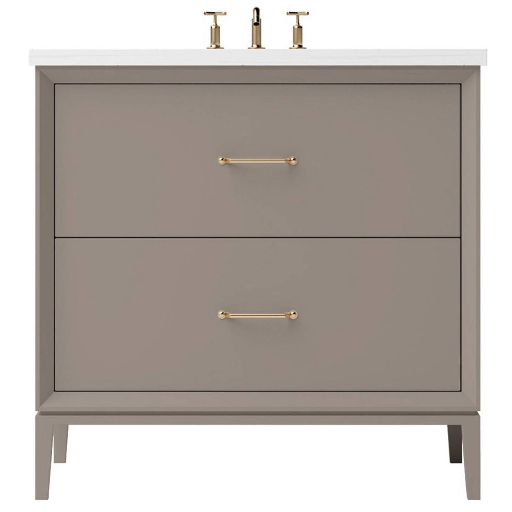 Gray bathroom vanity with gold handles and a white countertop on a white background