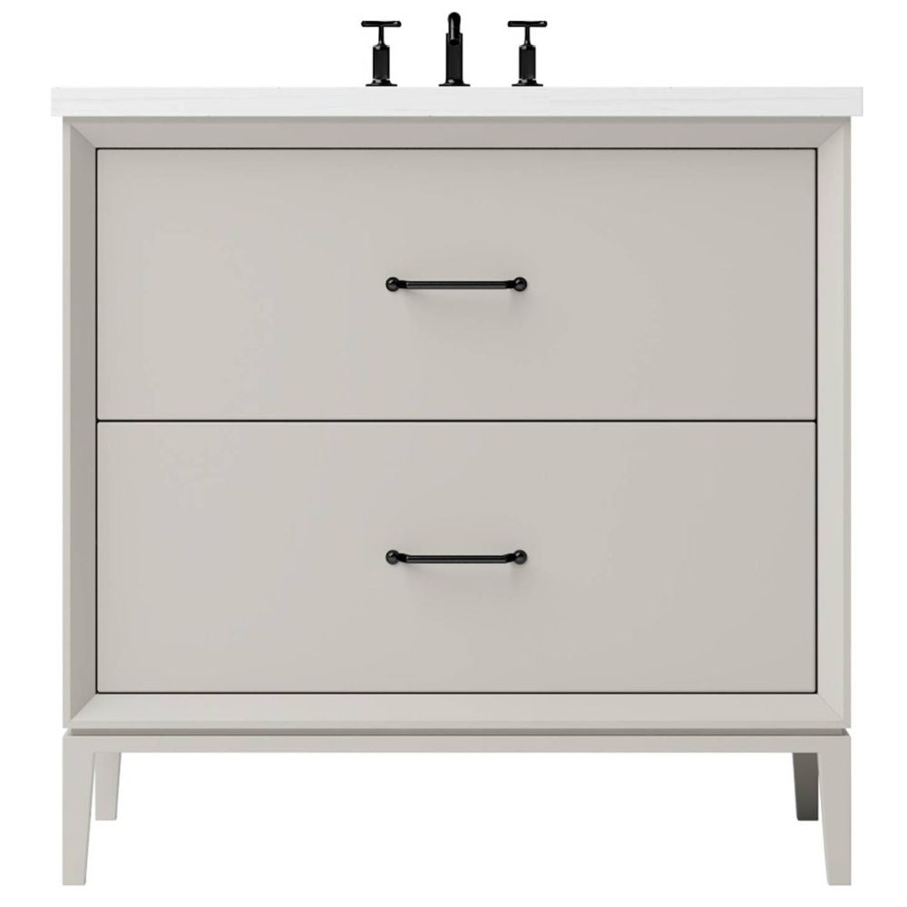 Bathroom vanity with two drawers and black handles on a white background