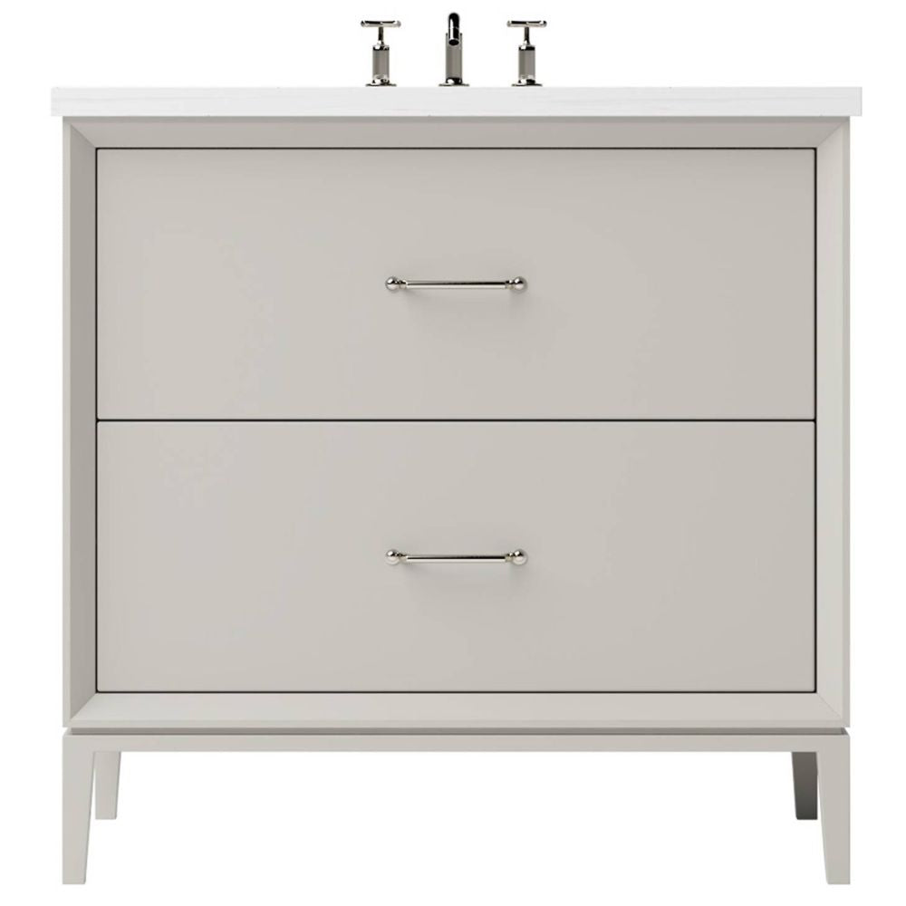 Gray bathroom vanity with white countertop and silver fixtures on a white background