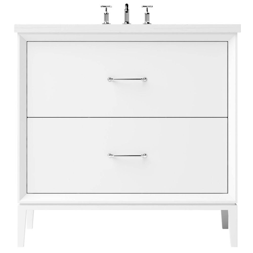 White bathroom vanity with two drawers and a faucet on a white background