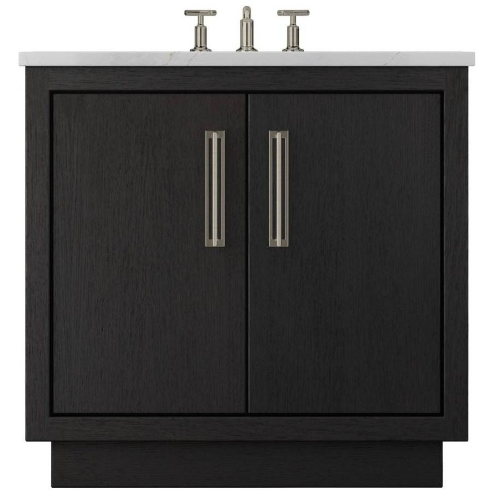 Black bathroom vanity with white countertop and silver fixtures on a white background