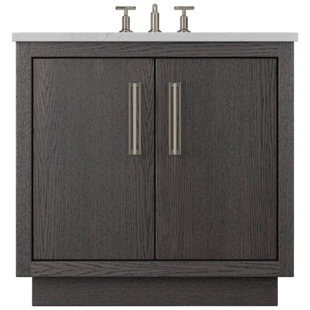 Bathroom vanity with dark wood finish and white countertop on a white background
