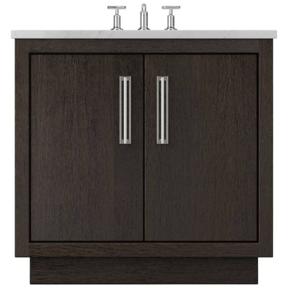 Bathroom vanity with dark wood finish and two silver handles on a white background