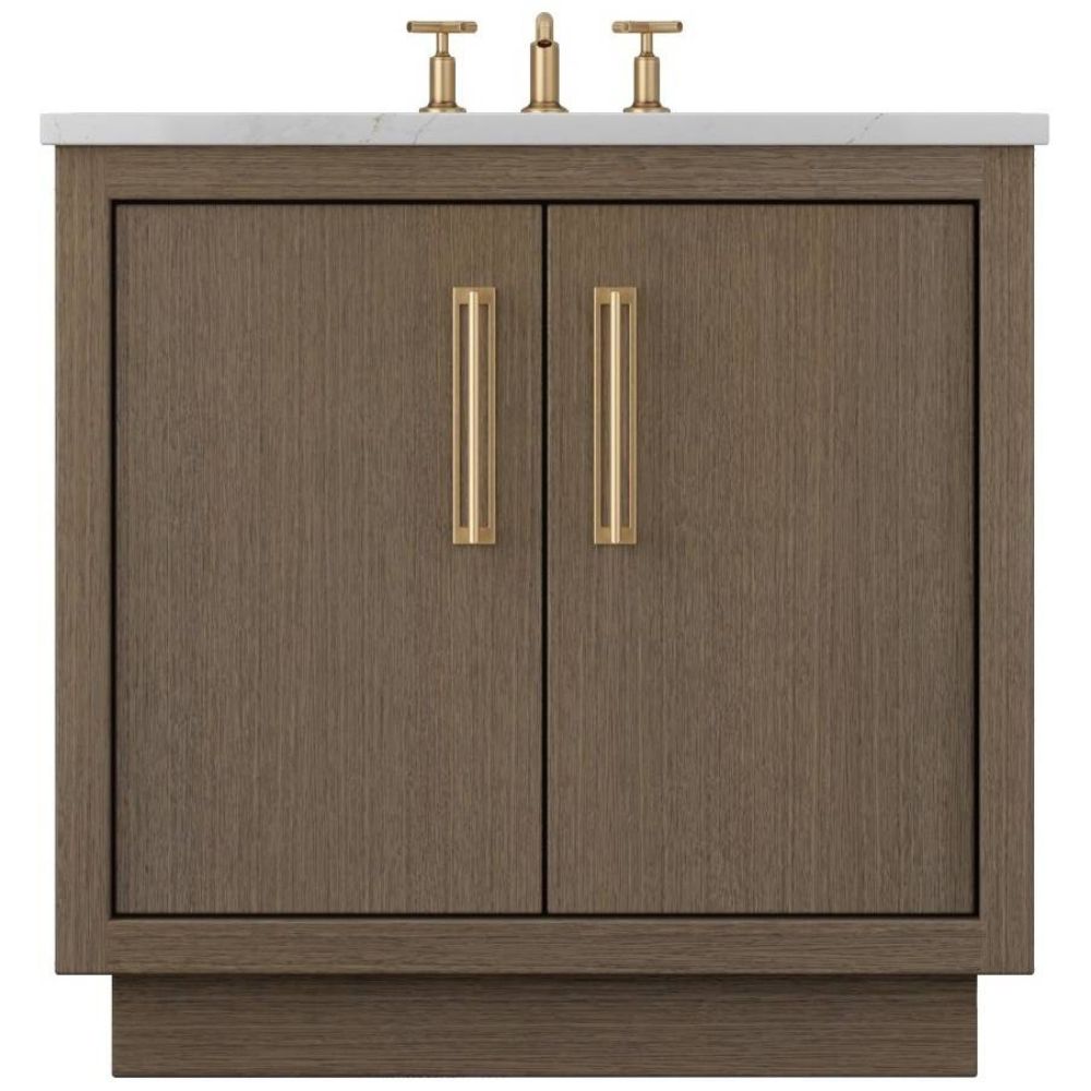 Bathroom vanity with wooden finish and gold fixtures on a white background