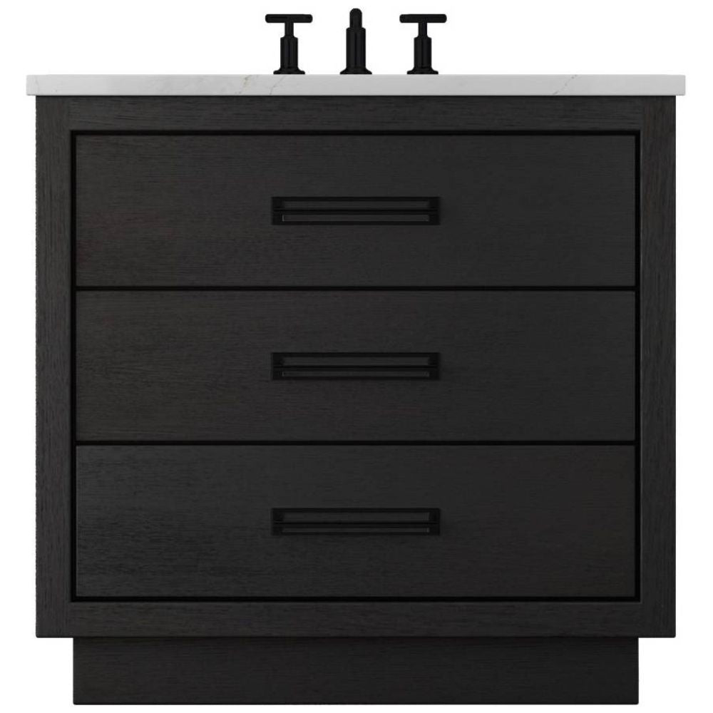 Black bathroom vanity with white countertop and black fixtures on a white background