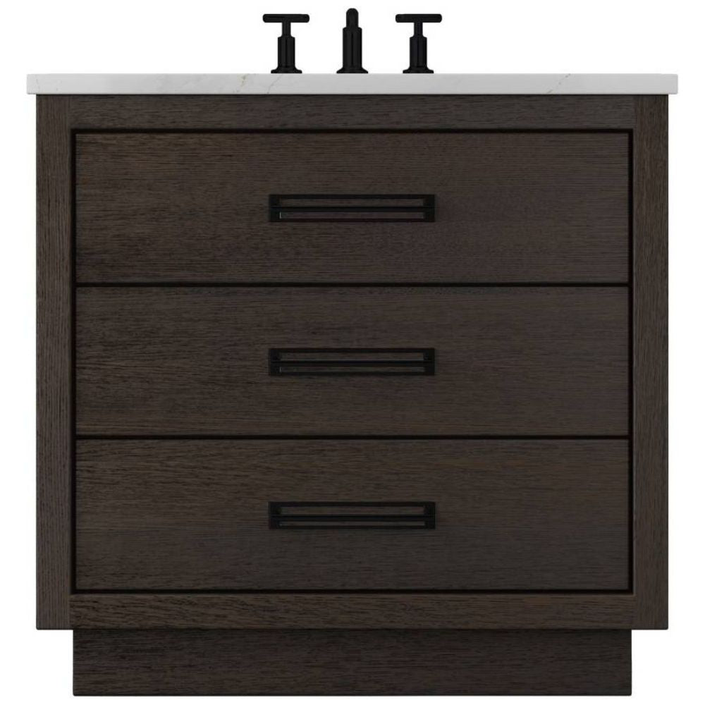 Dark wood vanity with three drawers and a white countertop on a white background