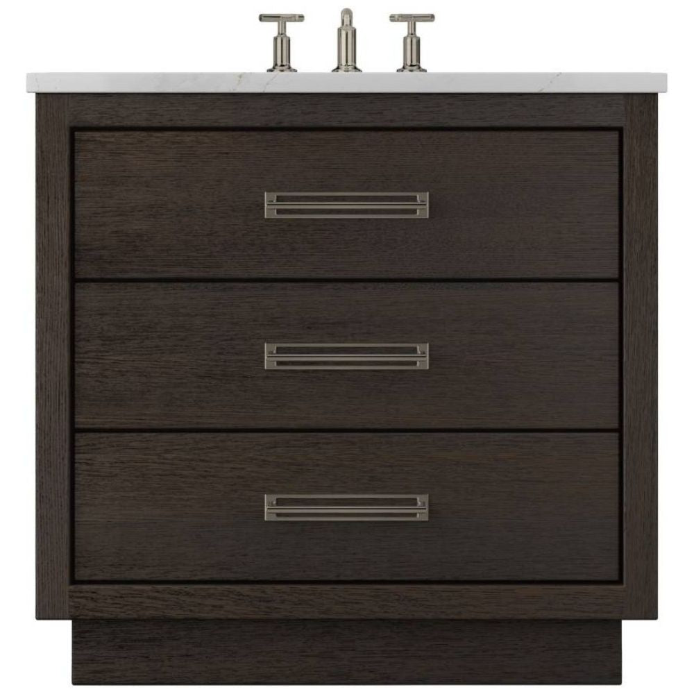 Dark wood bathroom vanity with three drawers and a white countertop.