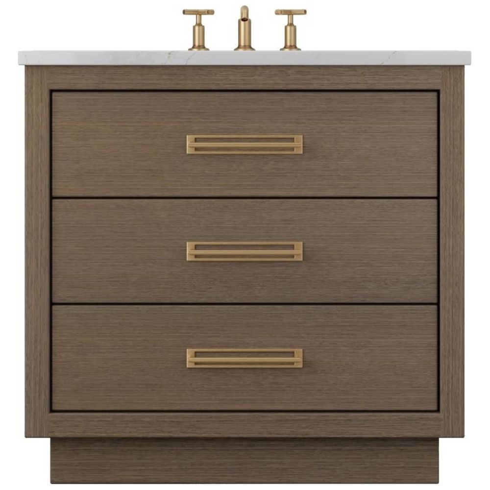 Bathroom vanity with three drawers, gold handles, and a white countertop.