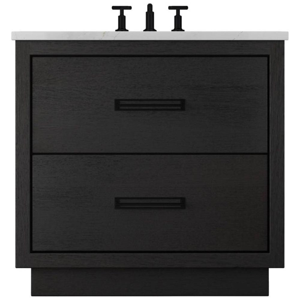 Black bathroom vanity with white countertop and black fixtures on a white background