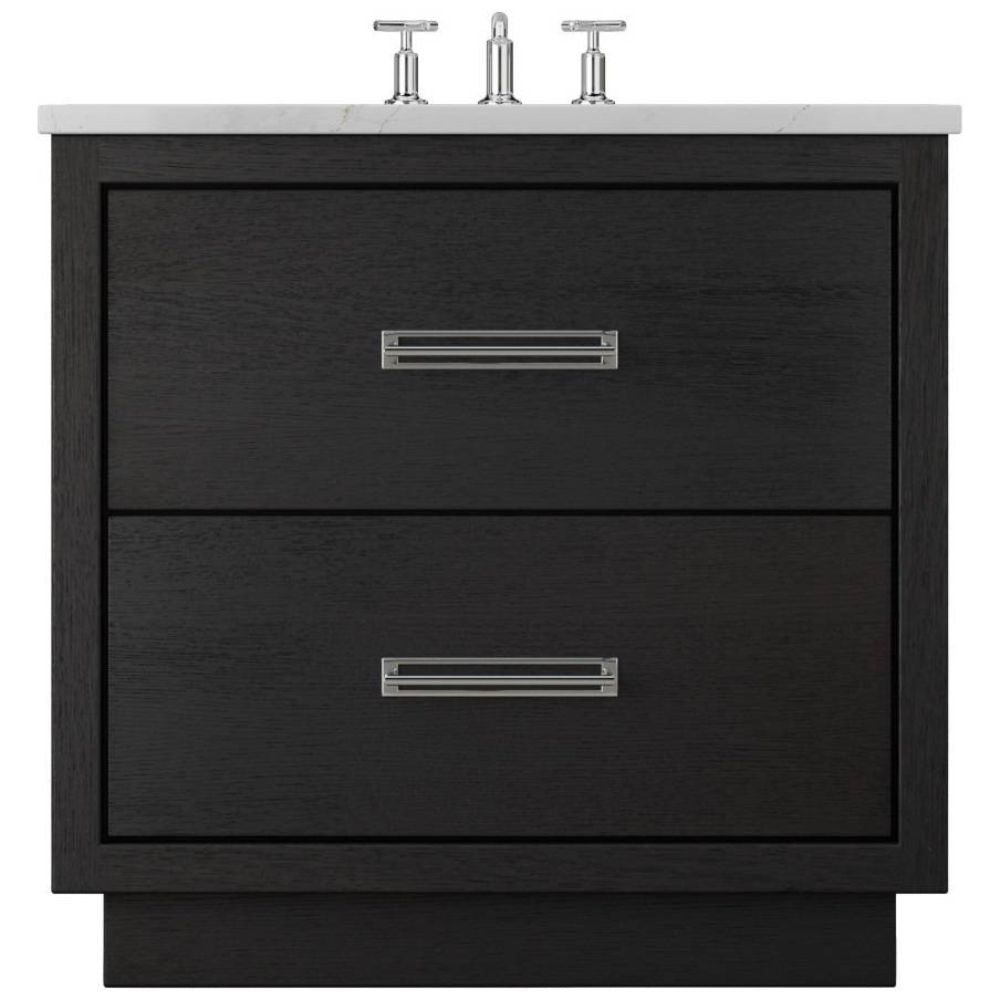Black bathroom vanity with two drawers and a white countertop.