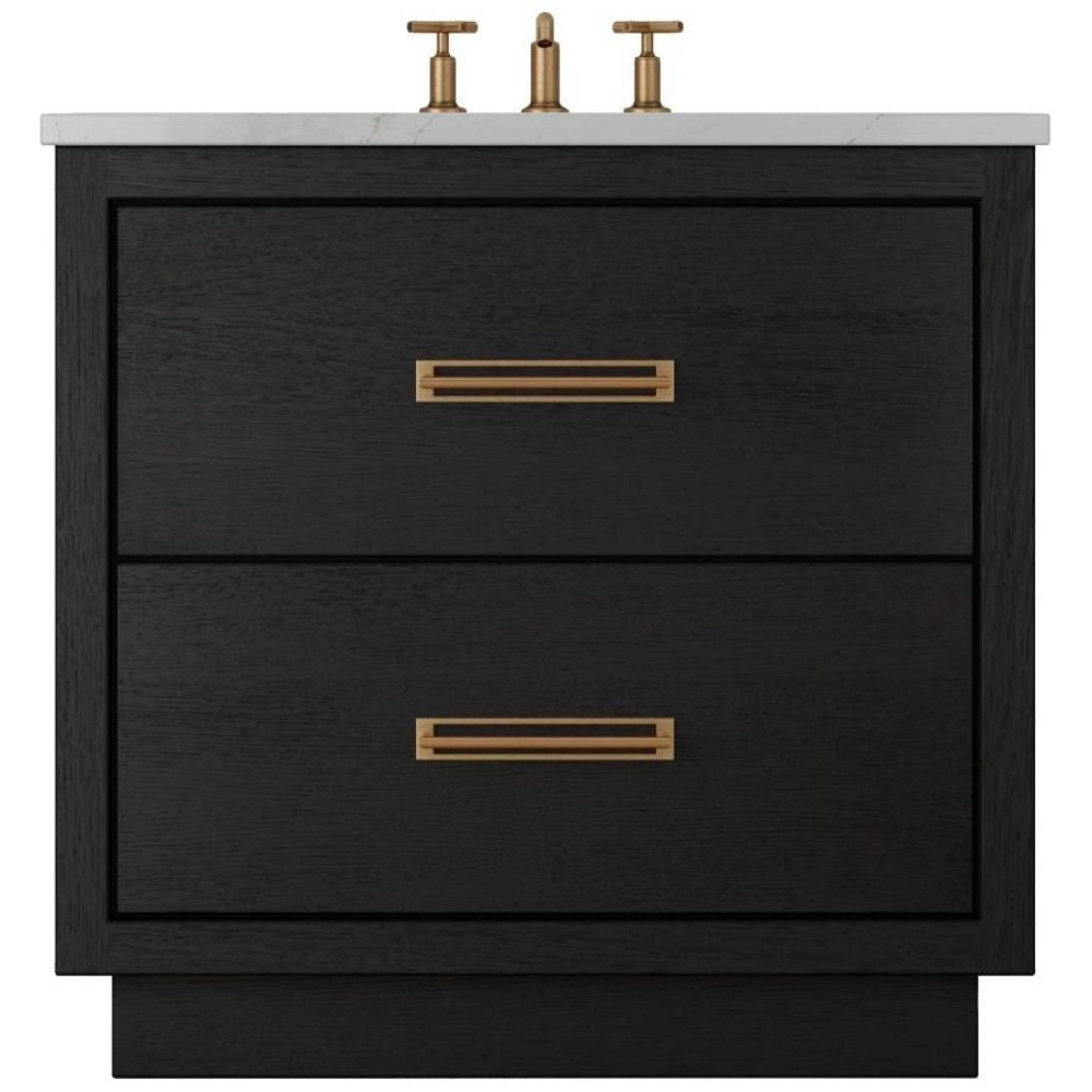 Black vanity with two drawers and gold handles on a white background