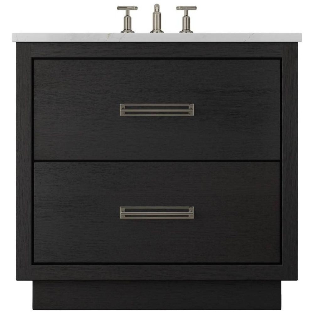 Black bathroom vanity with two drawers and a white countertop.