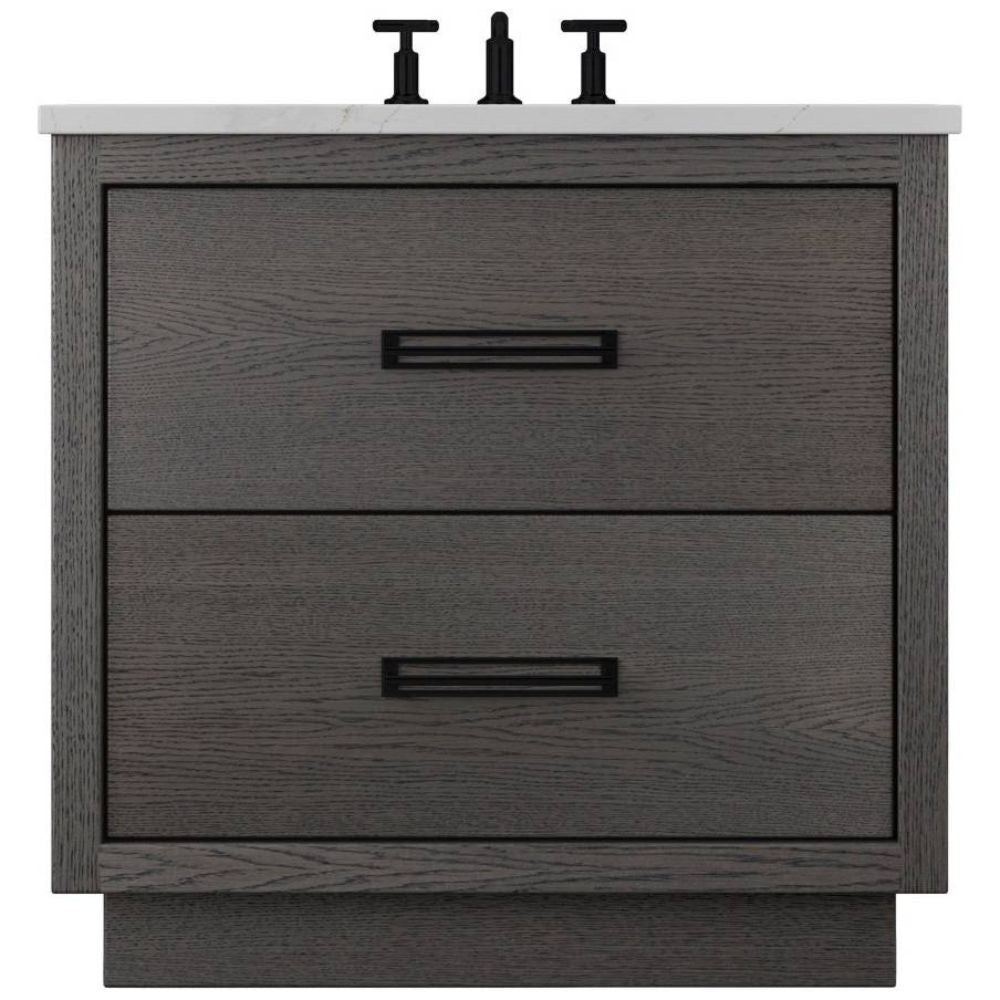 Bathroom vanity with two drawers and a white countertop on a white background