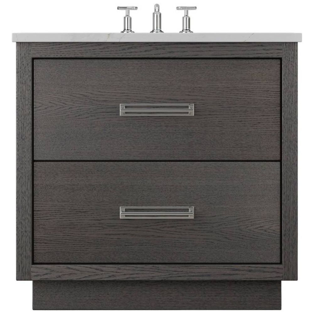 Gray wooden vanity with two drawers and a white countertop on a white background