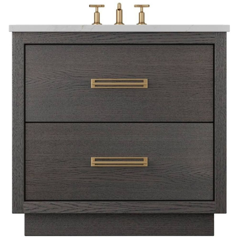 Bathroom vanity with two drawers, gold handles, and brass faucet on a white background