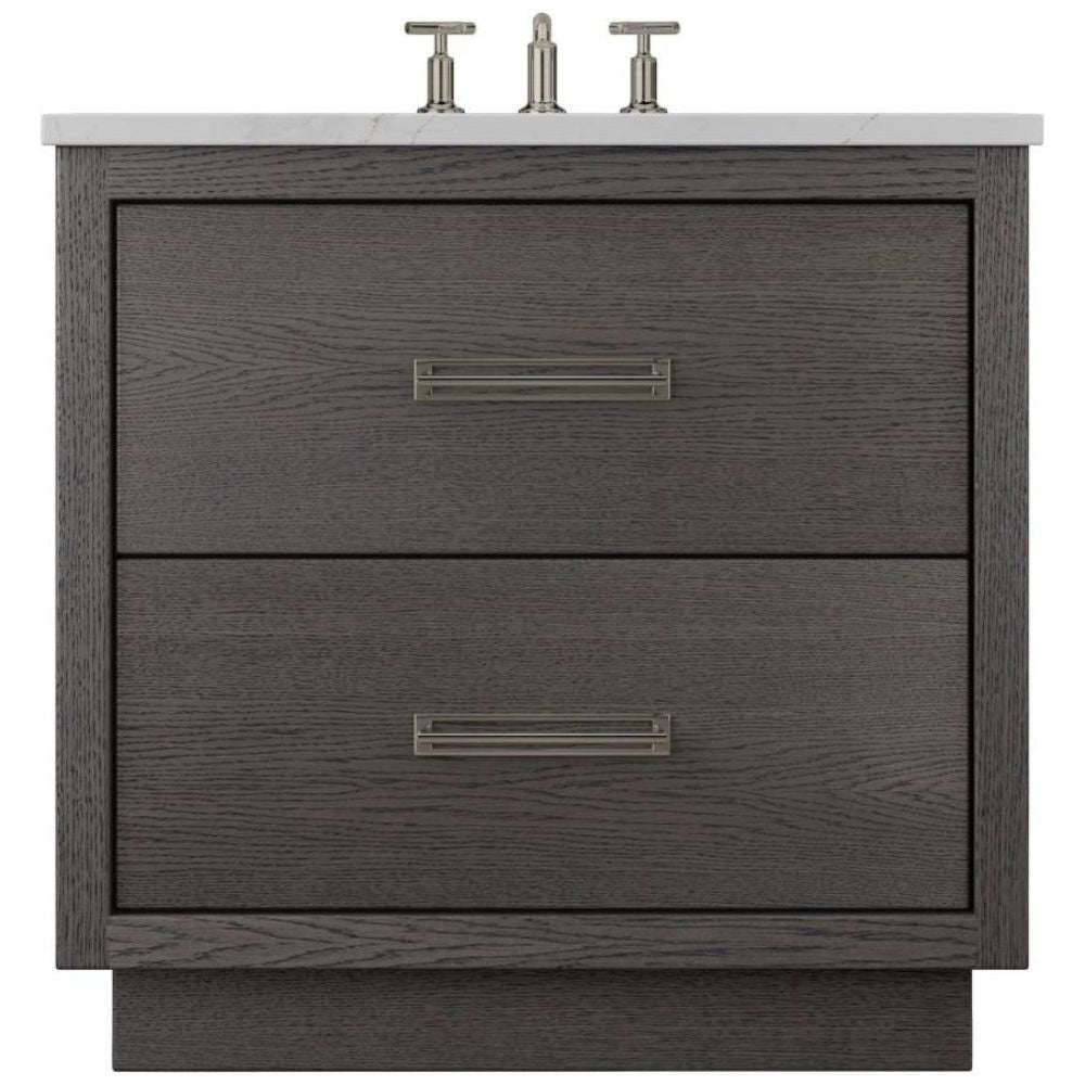 Gray wooden vanity with two drawers and a white countertop on a white background