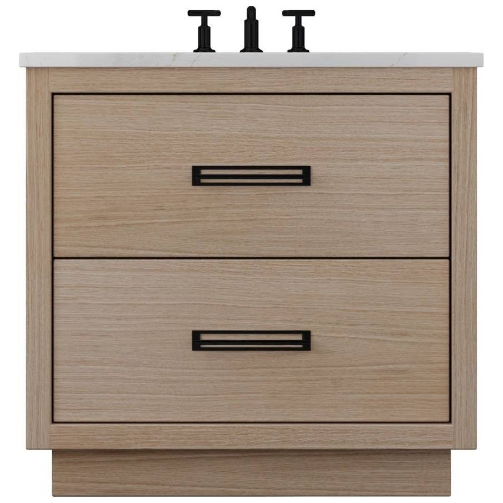 Wooden vanity with two drawers and black handles on a white background