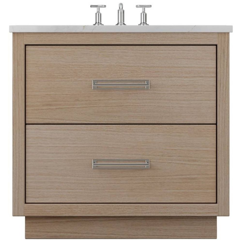 Bathroom vanity with two drawers and a white countertop on a white background