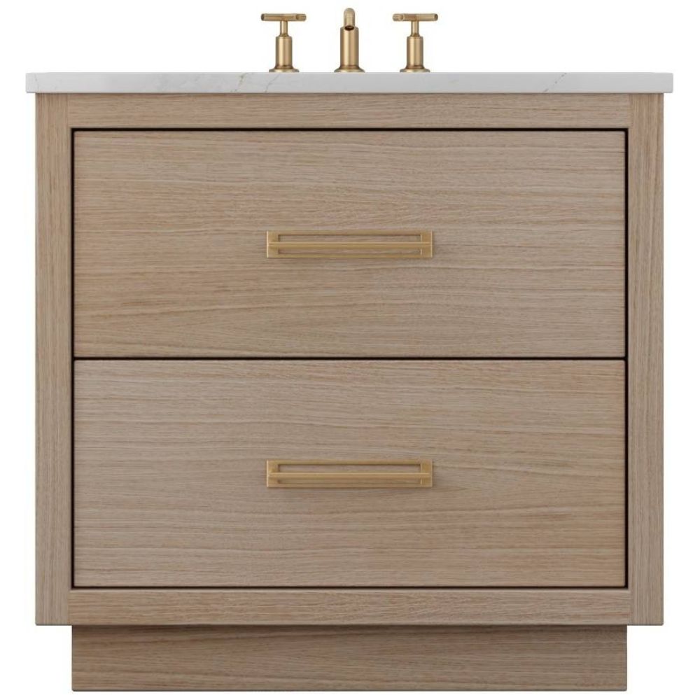 Beige bathroom vanity with two drawers and gold handles on a white background
