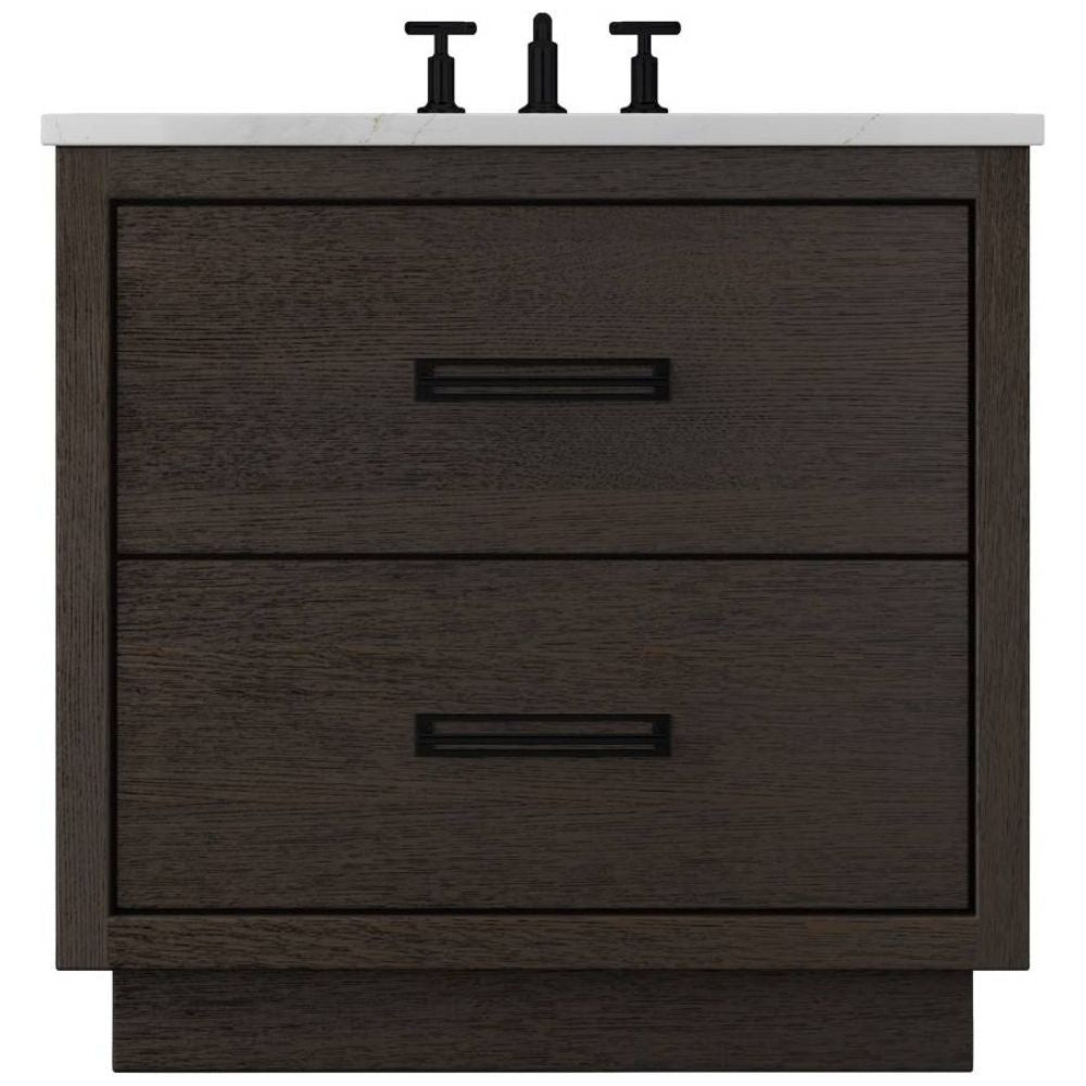Dark wood vanity with two drawers and a white countertop on a white background