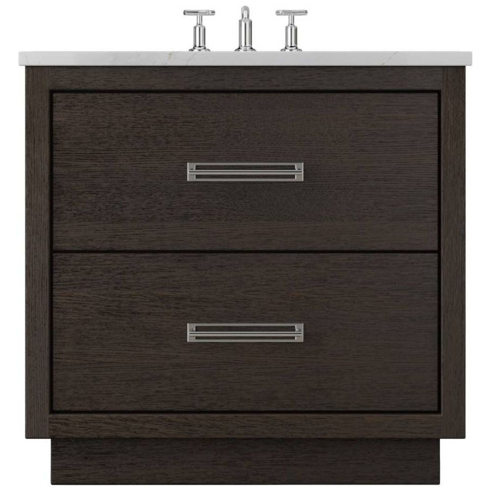 Dark wood bathroom vanity with two drawers and a white countertop.