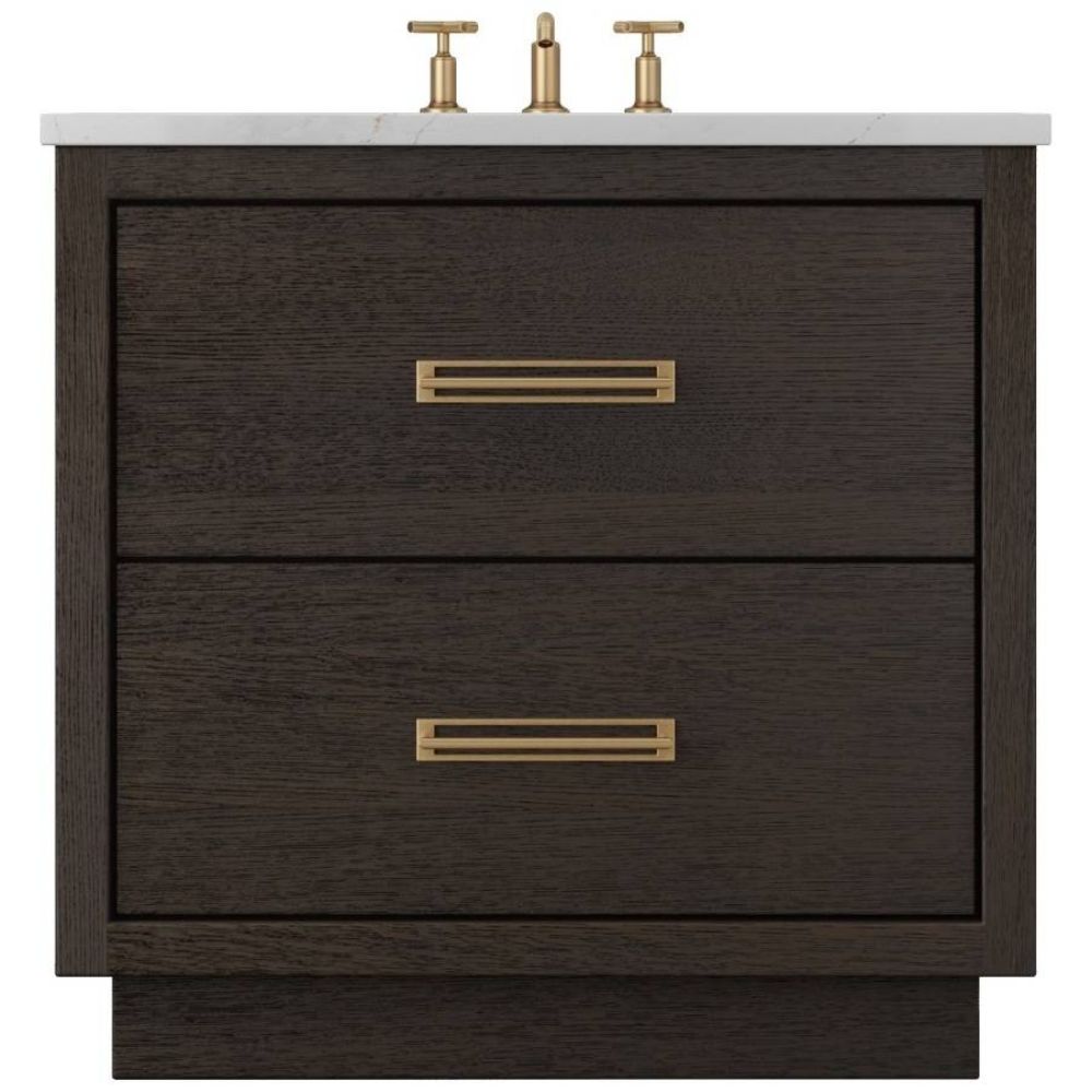 Dark wood vanity with two drawers and gold handles on a white background