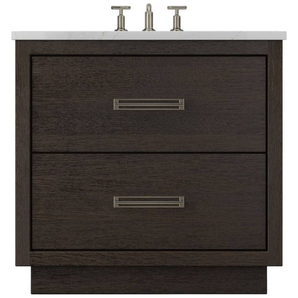 Dark wood bathroom vanity with two drawers and a white countertop.