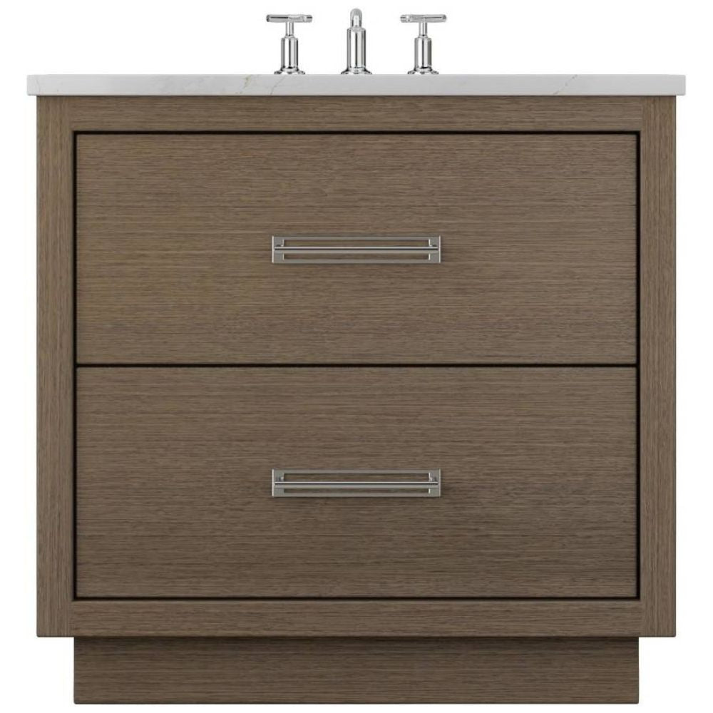 Bathroom vanity with two drawers and a white countertop on a white background